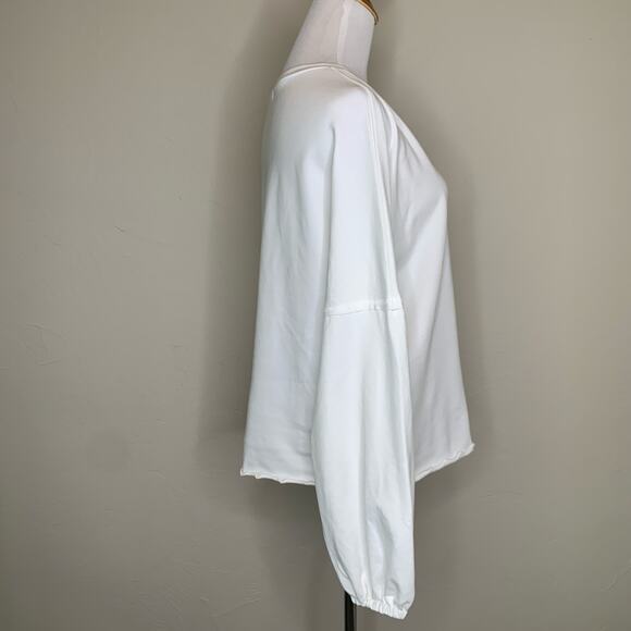 White Henley Shirt Full Gathered Sleeve Lettuce Hem Top Sz Medium - Picture 4 of 9